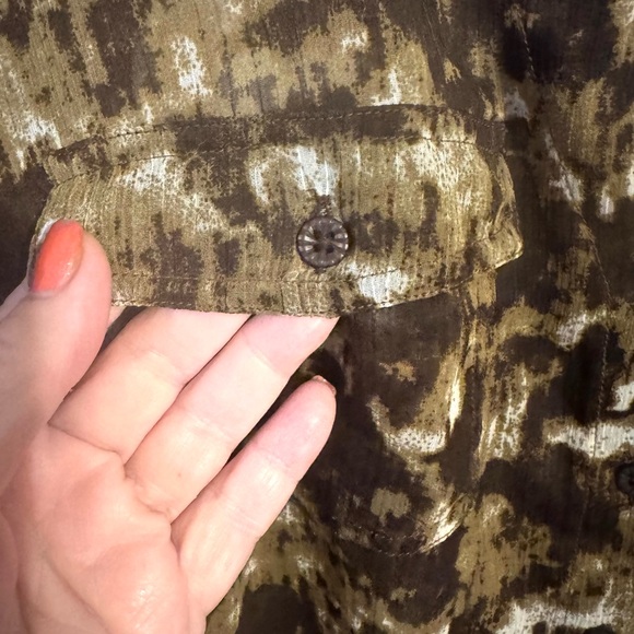 BROWN/TAN/GREEN PRINT  3/4 Sleeve Button Down TOP CREAM/LACE DETAIL  SZ: 18 #V - Picture 3 of 10